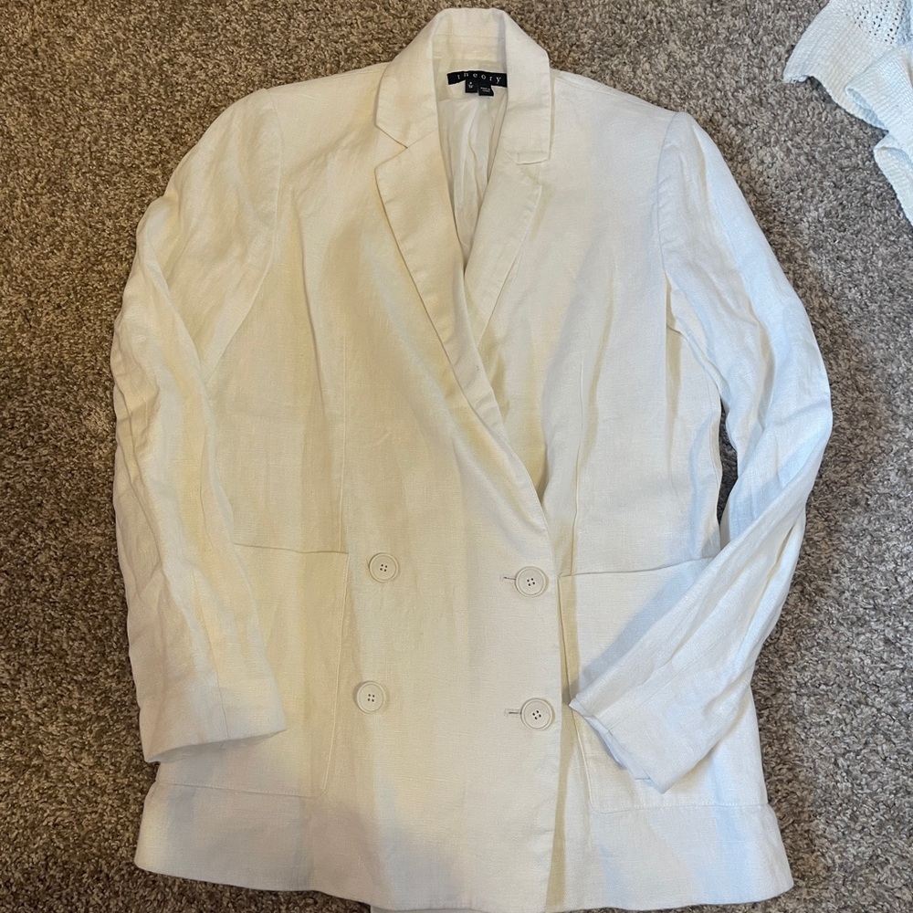 THEORY White Double-Breaded Linen Blazer classic timeless XS PETITE